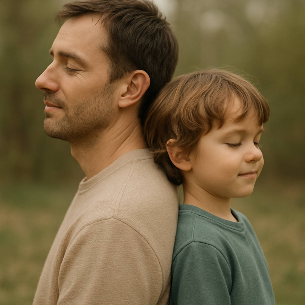 A father and his young child standing back to back in soft natural light